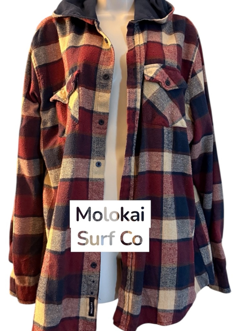 Molokai Surf Co Plaid Hooded Shacket - Red Navy Cream